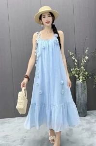 Literary Vintage Loose Dress Embroidered Halter Gentle Style Dress Loose Sleeveless Dresses