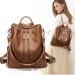 ROYAL BAGGER New Backpack for Women Girls Genuine Cow Leather Ladies Shoulder Bags Casual Travel With Earphone Hole Soft Smooth Leather Waterproof