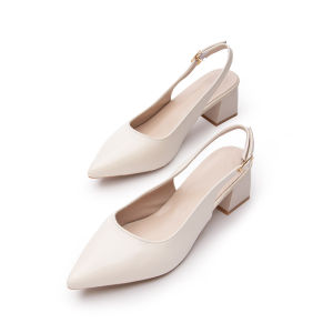 LADYSFSV French style Sandals Leather Pointed Block Heels for Women Elegant Back Empty Sandals