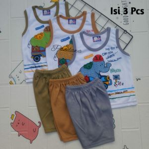 Harga Promo!!! Paket 3 Pcs Setelan Baju Bayi Lengan Singlet Celana Pendek Usia 3-12 Bulan Motif Karakter