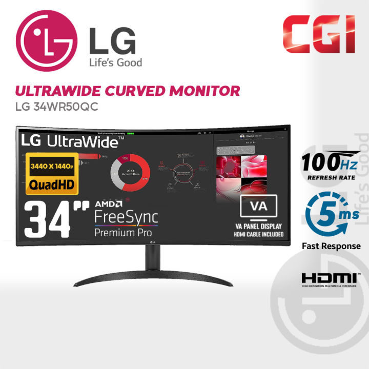 LG 34" 34WR50QC VA WQHD HDR10 AMD Freesync 100Hz 5ms Curved UltraWide ...