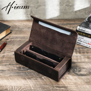 Hiram Vintage Crazy Horse Leather Handmade 2 Slots Sunglass Box Travel Portable Glasses Holder with Magnetic Buckle Best Gift