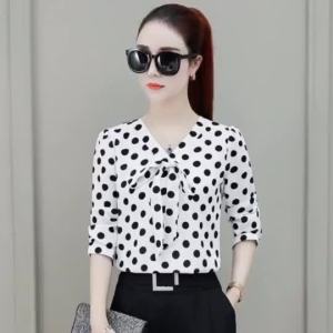 3/4 long sleeve ormal white formal blouse for women plus sizeV neck polka dot print short sleeve western chiffon korean casual office plain T-shirts tops