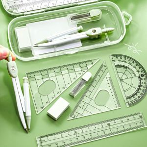 UNMEGONI 8PCS/Set Transparent Ruler Compasses Set Plastic Eraser Drawing Tool Multi-Function Set Square Protractor Students