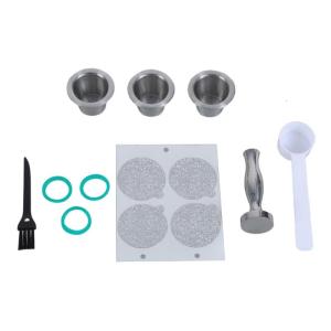 รีฟิลกาแฟพร้อมที่อัดและช้อนถ้วยกาแฟสแตนเลสถ้วยโลหะฝาปิดกาแฟนำกลับมาใช้ได้โลหะ