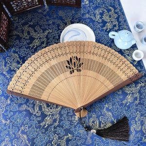 YOUSHI TOP Hoa sen Quạt tay bằng tre gấp Đã được khoét rỗng Khung Tre Quạt cầm tay cổ điển Mùa hè Di động Người hâm mộ khiêu vũ Trang trí nhà cửa