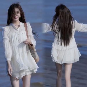 Set Váy Đầm Đi Biển Baby Doll Dài Tay 🦋 Đen Trắng Xếp Tầng Nữ Tính Thiết Kế Độc Lạ Chất Tơ ( Sẵn + Ảnh Clip Thật)