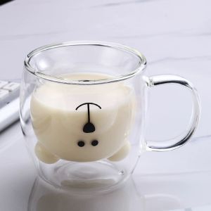 【SG】Double Wall Insulated Drinking Cute Bear Glass Cup Coffee Tea With Handle 250ML