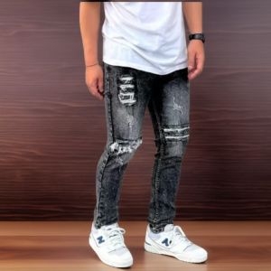 Jeans Sobek Pria Premium Abu Snow Distro Gaya Straight Fit Pinggang Alami