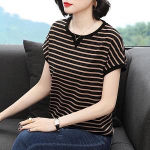 Aki20 Blouses for Women Short Sleeve T Shirt Summer Korean Style Shirt Striped Large Women Clothing 2024 New Design Loose Top Fashion Blouse Women Fashion 2024 Blouses for Women Styles 2024