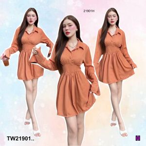 TW21901 เดรสสั้น คอปก แขนยาว กระโปรงพริ้ว ๆ เนื้อผ้า ซีฟอง มีซับใน