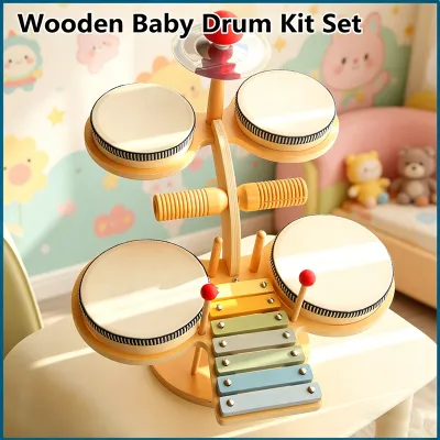 2 Tier Kids Drum Set for Toddlers Montessori Kids Musical Instruments 10 in 1 Percussion Wooden Baby Toys