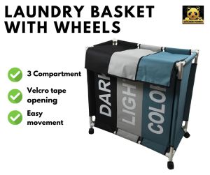 3 Compartment Laundry Basket With Roller/Moveable Laundry Basket/Laundry Organizer On Wheels