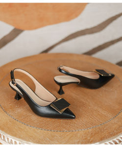 Black 2 inches Half shoes for women Sandal Heels Pointed Toe Glossy Leather MID Heels