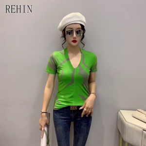 REHIN Womens top swoosh mesh short-sleeve T-shirt summer new trend V-neck slim fit S-3XL blouse
