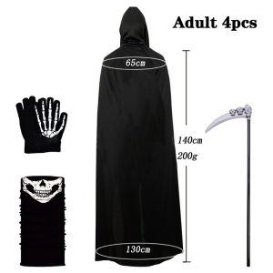 Grim Reaper Costume Set 5Pcs Hooded Cloak Skull Face Mask Gloves Scythe Death Reaper Costume