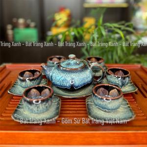 Bộ Ấm Chén Lục Năng Men Gold - Bộ Ấm Lục Giác Thiên Thanh - Bộ Ấm Trà Men Hoả Biến Bát Tràng Cao Cấp