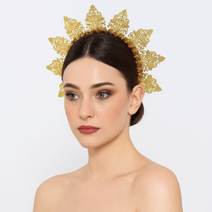 NOVELLEO Rhinestone Goddess Halo Headband Sun Flower Women Hairband Fashion Gold Color Traditional Festival Hair Hoop Women