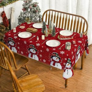 Christmas Tablecloth 2-10seater Rectangular Winter Snowman Trees Red Washable Seasonal Table Cover for Home Decor Party Picnic Dinner Decoration