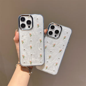 3D inlaid pearl tulip flower dropper phone case for iPhone 11 12 13 14 15 16 17 Pro Max Plus casing Anti fall protective cover for iPhone16Promax case