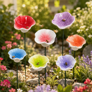 YRUQYS 3pcs Ceramic Bee Watering Station Flower Shape Garden Decoration Artificial Flower Art Bouquets DIY Bee Butterfly Water Dispenser Yard