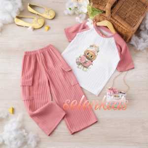 SETELAN BAJU ANAK PEREMPUAN MOTIF LOTUS BAHAN KNITH UNTUK USIA 1-10 TAHUN