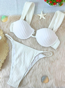 Two Piece Bikini Chest Slay Underwire Top Women Swimsuit Beachwear White Ribbed Design Comfortable
