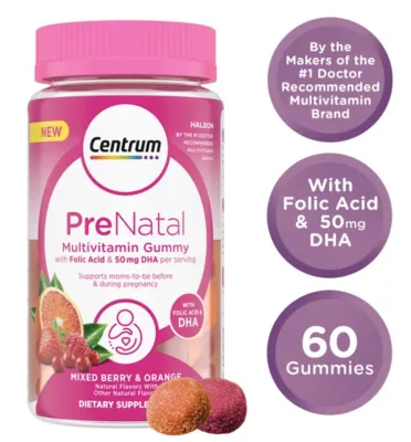 Centrum Prenatal Multivitamin Gummies with DHA and Folic Acid Mixed Berry and Orange Flavors - 60 Count 30 Day Supply