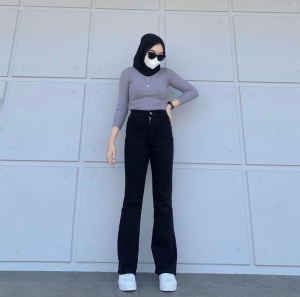 Jeans Flare Wanita Navy High Waist Fortu Denim - Gaya Casual Panjang dengan Pinggang Tinggi