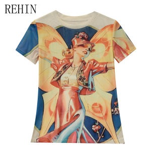 Rehin Áo thun cổ tròn tay ngắn in hoa mới lưới thời trang ôm vừa Áo nữ thanh lịch