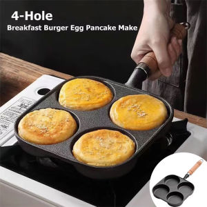 4-Hole Breakfast Burger Egg Pancake Maker Wooden Handle Non Stick Cookware Pancake Pan Frying Pot for Gas