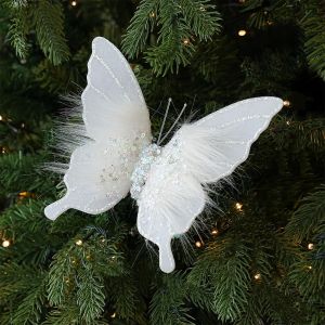 HULEQQI Clip-On Christmas Butterfly Ornaments Flocking Finish Handmade 3D Glitter Butterfly Hanging Decor Multi-color Fabric Art Artificial Butterfly Pendant Xmas Tree Decor