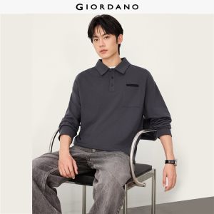 Giordano Beau Monde Men Patch pocket long sleeve cotton polo shirt Free Shipping 13016609