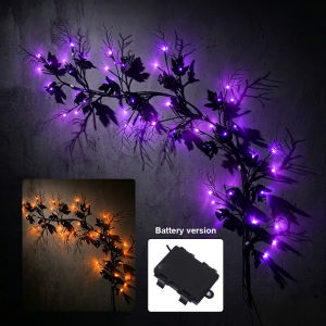 200cm Halloween Vine Branch Lights 48 LED Purple Yellow Twig Garland Battery USB Powered Black Maple Leaves Eyeballs Spiders For Home Party Wall Room Decoration