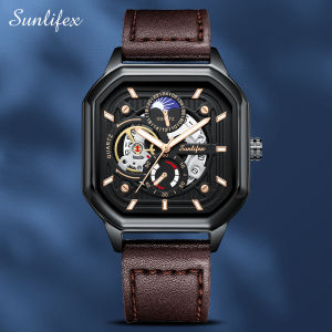 Sunlifex Jam Tangan Pria Olahraga kasual Mode Bisnis Persegi Dial Tali Kulit Jam Tangan Cowok9110