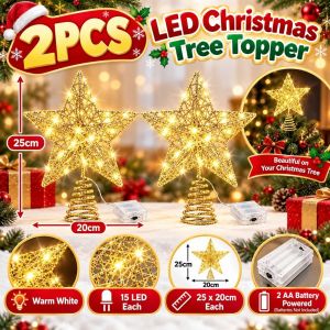 25CM Christmas Tree Top Star LED Light Up Glitter Star Topper Gold Silver Xmas Tree Ornament Home Decor