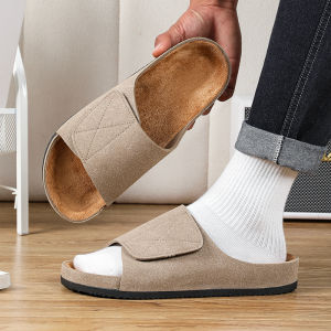 [Reeke]New Suede Leather Cork Slippers Summer Classic Flat Shoes Male Fashion Outside Sandals Man Non Slip Comfortable Slides