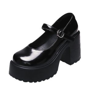 Falimottype)Size 35-40 Womens Fashion High Heel Leather Shoes Thick Heel JK Mary Jane Shoes School Student Sandal Black Loafers