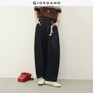 Giordano Women Topstitch high waist wide leg loose jeans Free Shipping 18416809