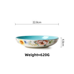 OMK American Style Underglaze Ceramic 9 inch Deep Plate Salad Bowl Blue Peony Flower Series