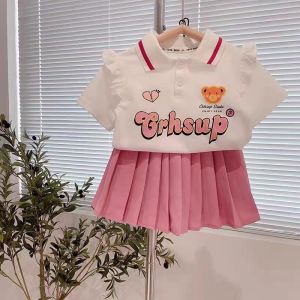 Setelan Anak Perempuan Import Kerah Polo Enjoy Bear Crhsup Rok Plisket Pinggang Karet Terbaru