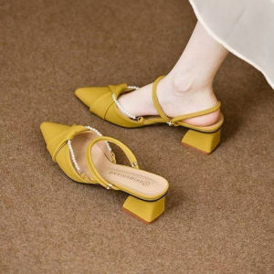 Summer French Pointed Toe Pearl Decoration Slip Ons Sandals Womens Retro Fashion Soft Leather Mules Paired With Skirts Slippers