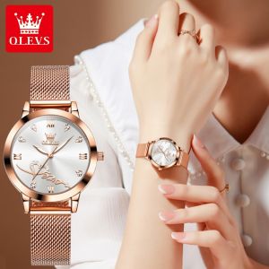 OLEVS watch for women waterproof  original 2022 new  korean style luxury  milanese steel strap heart shaped design luminous casual wristwatch