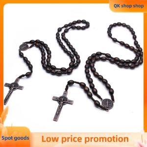 ✨QK shop✨ Vintage  Cross Catholic Wood Beads ReligiousPrayer Pendant Necklace Jewelry