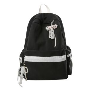 HETU070703. Nylon Material Nylon Shoulder Bag Lace Bow Detail Solid Color Large Capacity Backpack Japanese Style Large Capacity Solid Color Backpack For High School Students