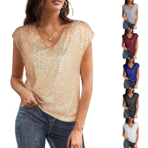 Elegant Glittering Sequins V Neck Short Sleeve Blouse for Women Nightclub Party Sparkling T-Shirt Cocktail Tank Top
