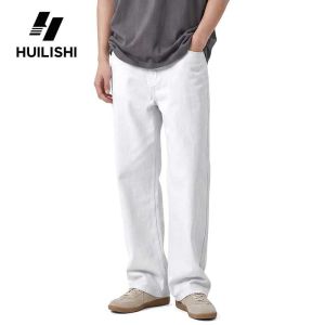HLS&Huilishi Vintage Light Blue Wide Leg Jeans for Men Soft Loose Fit Five-Pocket Casual Denim Trousers Streetwear Straight Wide Leg Pants