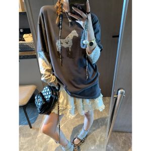 2026 Autumn New Pony Print Fake Two-piece Leopard Splicing Design T-shirt Base Top for Women