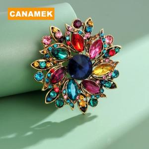 【CANAMEK】 1Pcs Creative Crystal Glass Pins Stylish Rhinestone Flower Brooches For Women Event Funny Luxury Gifts New Year Friends Decoration