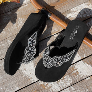 [Free Shipping] Plus-Size Rhinestone Flip-Flops For Women New Summer Style Thick-Soled Vacation Wedge Beach Sandals